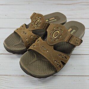 Skechers Reggae Trench Town Womens 6 Brown Leather‎ Slide Sandals Slip On 40871